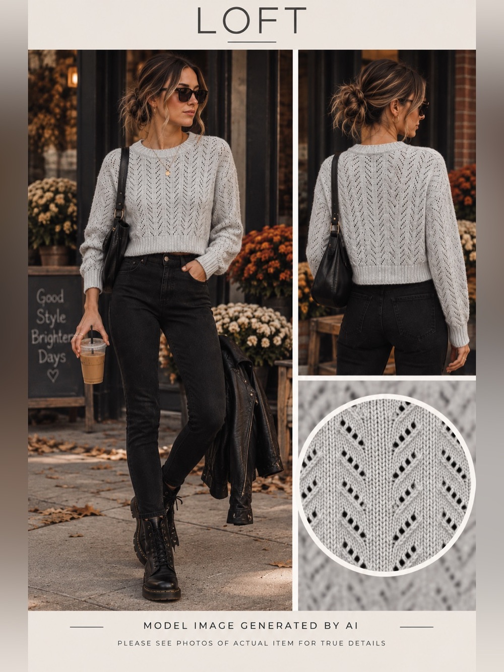 LOFT Open Knit Pointelle Sweater Large Cropped Crewneck Preppy Lightweigt